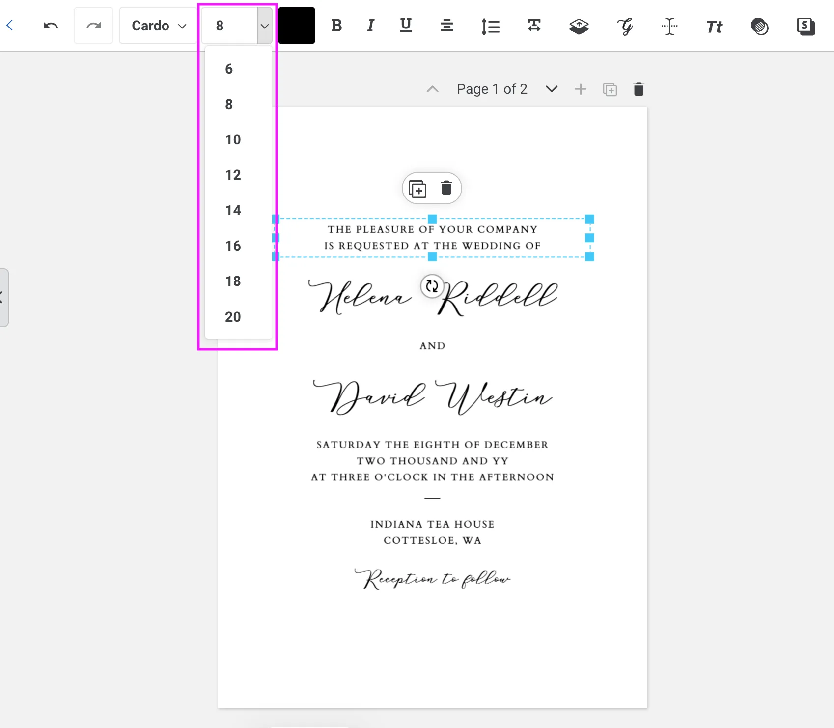 Templett font size dropdown open showing size options from 6 to 20, with a text box selected on a wedding invitation template