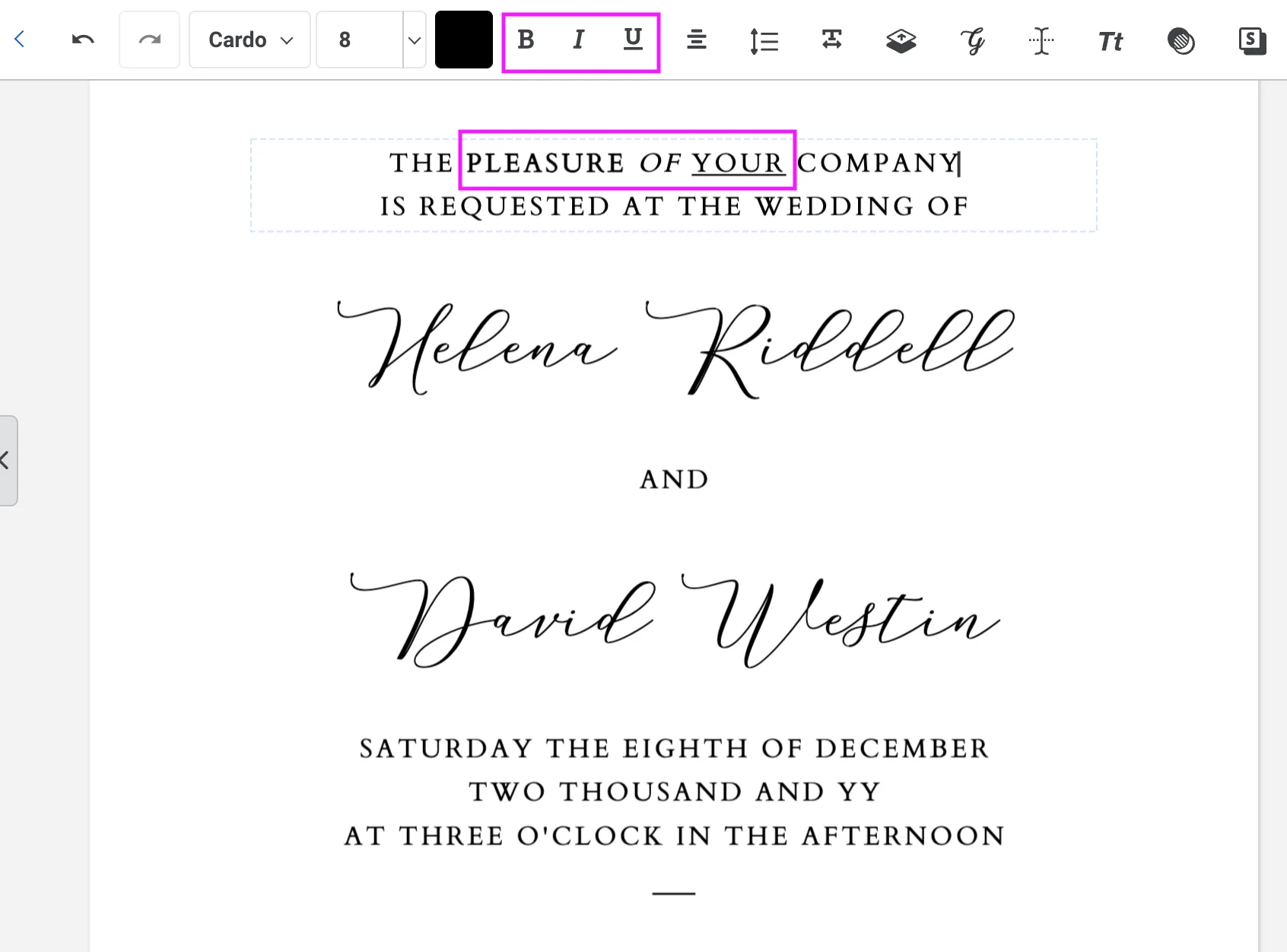 Templett toolbar with bold, italic and underline buttons highlighted, showing selected text with mixed formatting applied in a wedding invitation