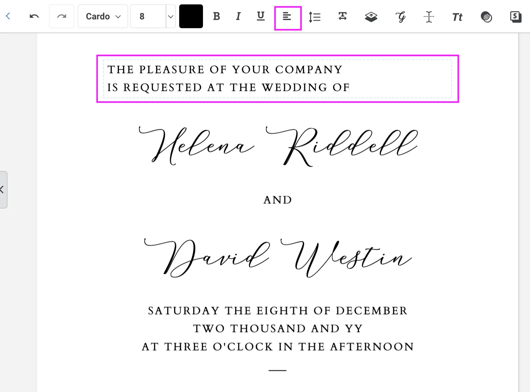 Templett toolbar with the text alignment button highlighted, showing a text box selected with left-aligned text on a wedding invitation