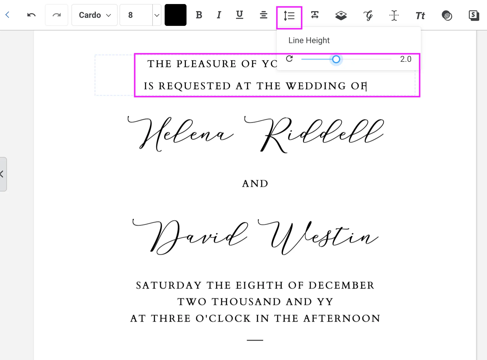 Templett line height slider open showing a value of 2.0, with a text box selected on a wedding invitation template
