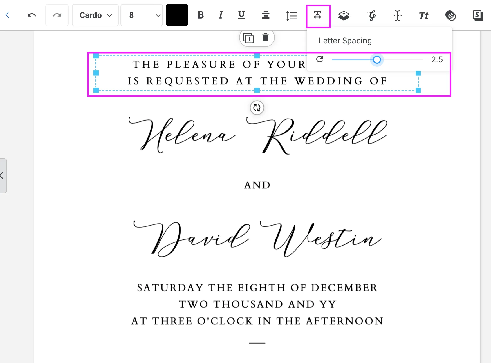 Templett letter spacing slider open showing a value of 2.5, with a text box selected on a wedding invitation template