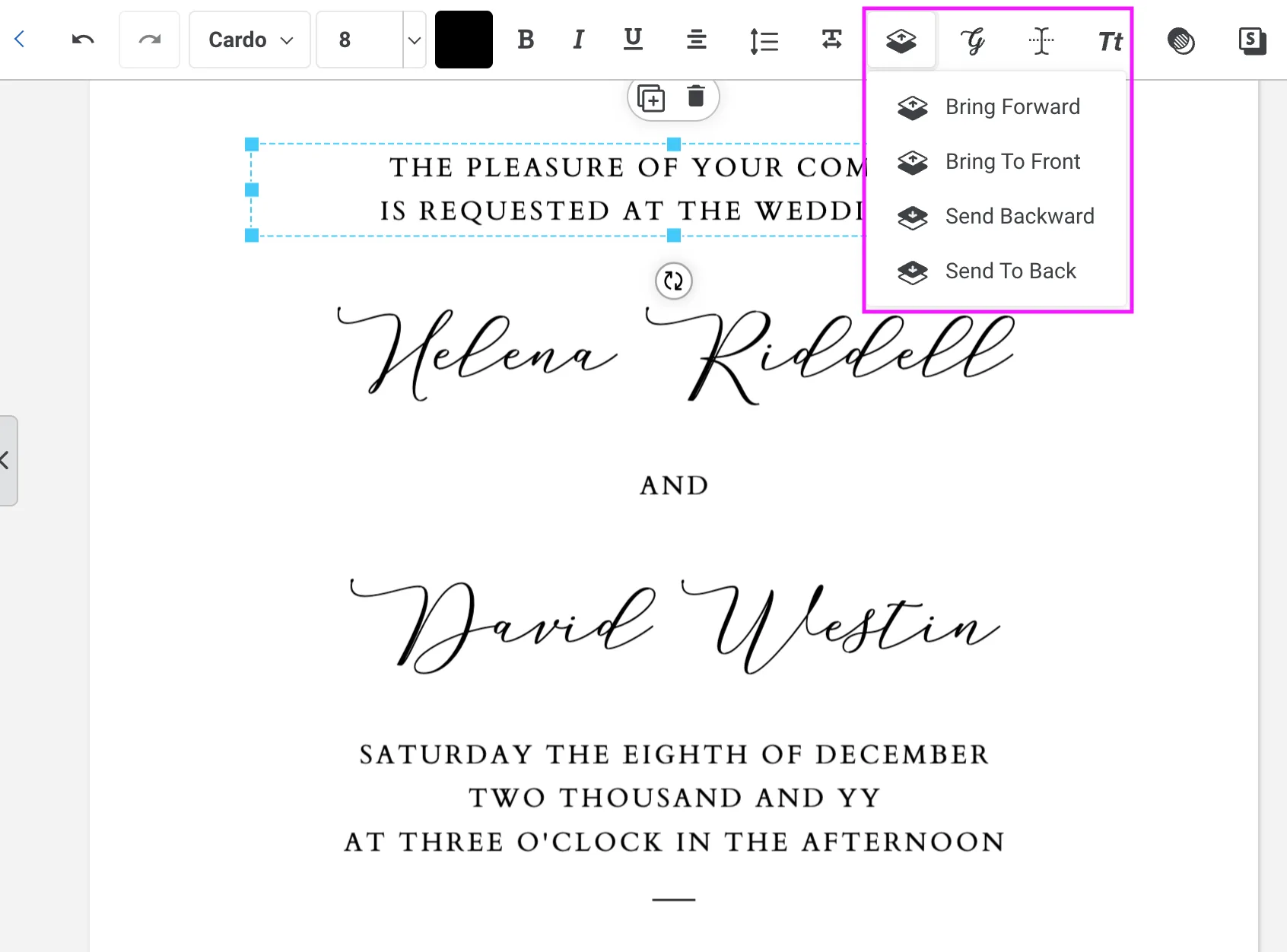 Templett layers dropdown open showing Bring Forward, Bring to Front, Send Backward and Send to Back options