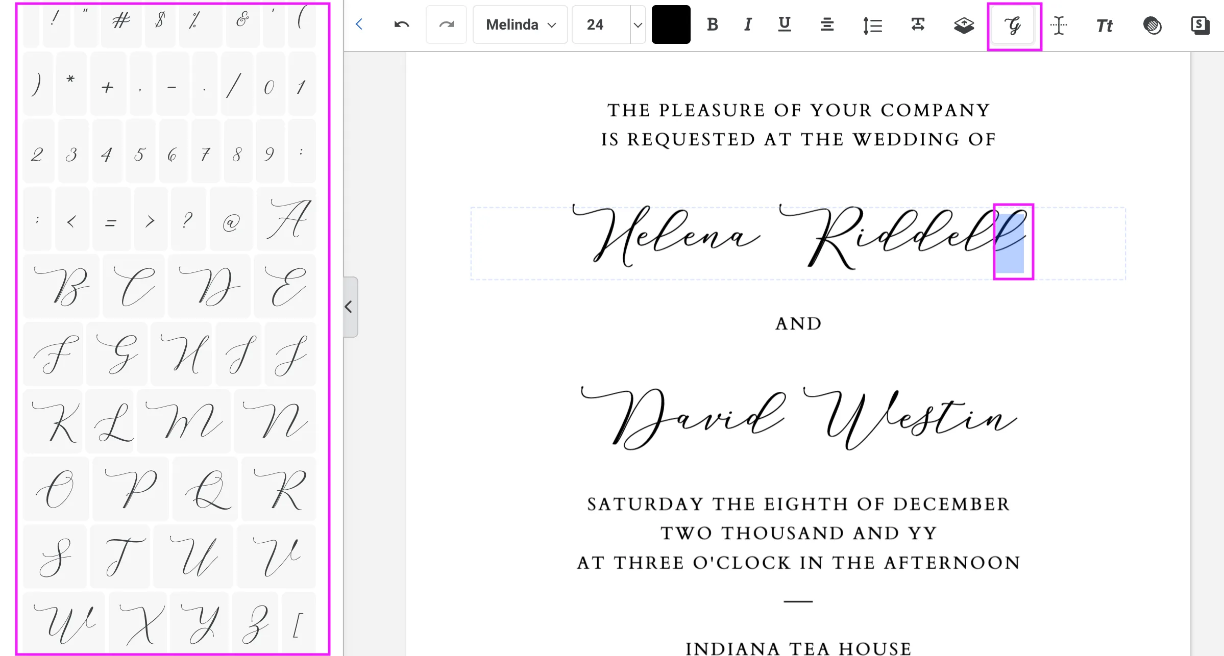 Templett glyphs panel open showing decorative script alternates for the Melinda font, with a character selected in a wedding invitation text box