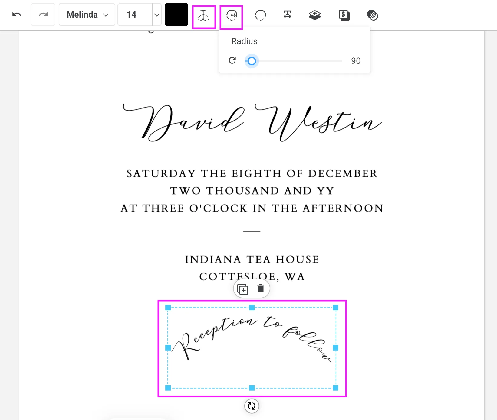Templett arched text tool open showing a radius slider set to 90, with the text Reception to Follow curved along an arc in the template