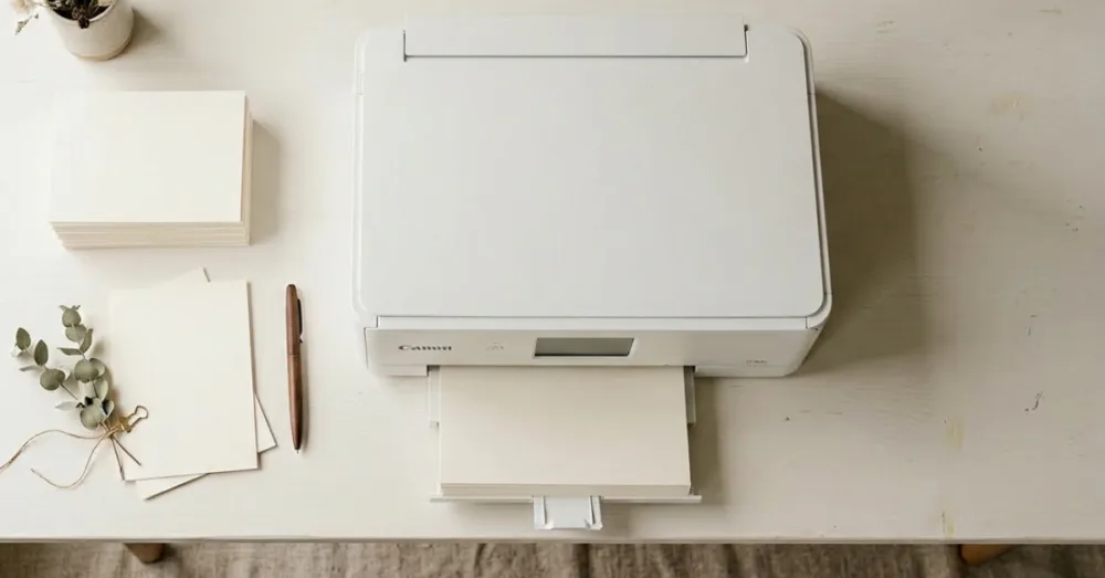 White Canon inkjet printer on a cream desk with stacks of paper, a wooden pen and eucalyptus sprigs, styled for home printing wedding stationery