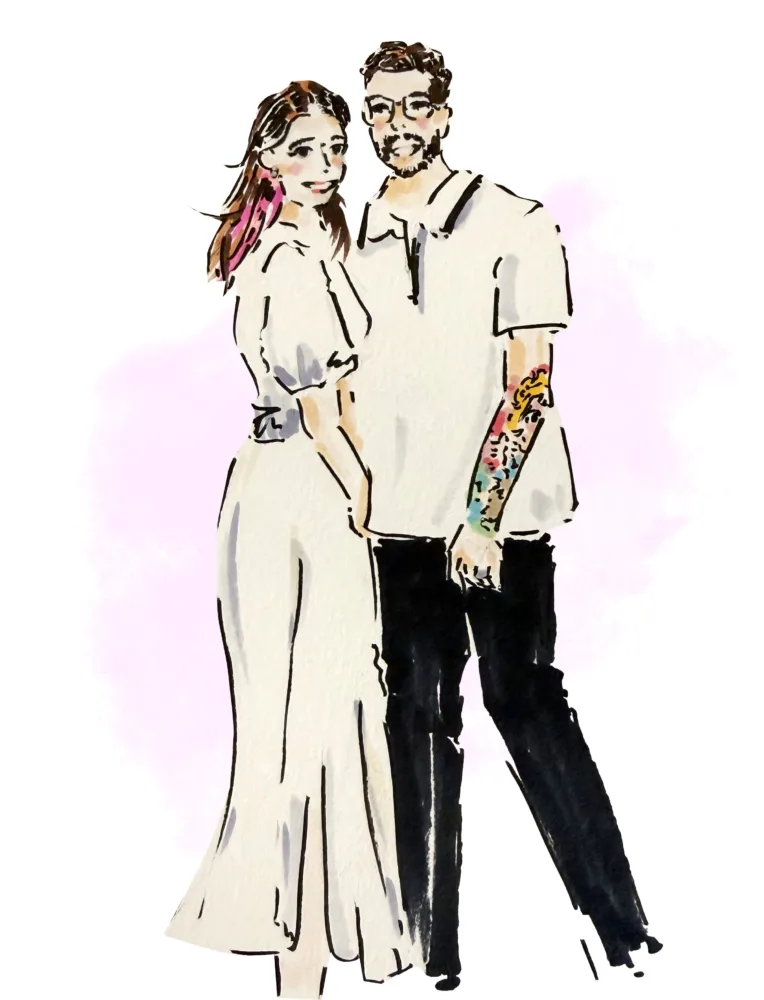 Custom hand-drawn coloured drawing of a couple by Melbourne artist Ives Wong.