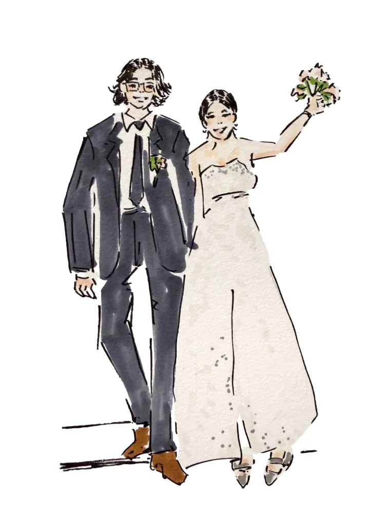 Custom hand-drawn coloured drawing of a bride and groom by Melbourne artist Ives Wong.