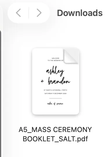 A5 Mass Ceremony Booklet PDF file saved to Downloads folder