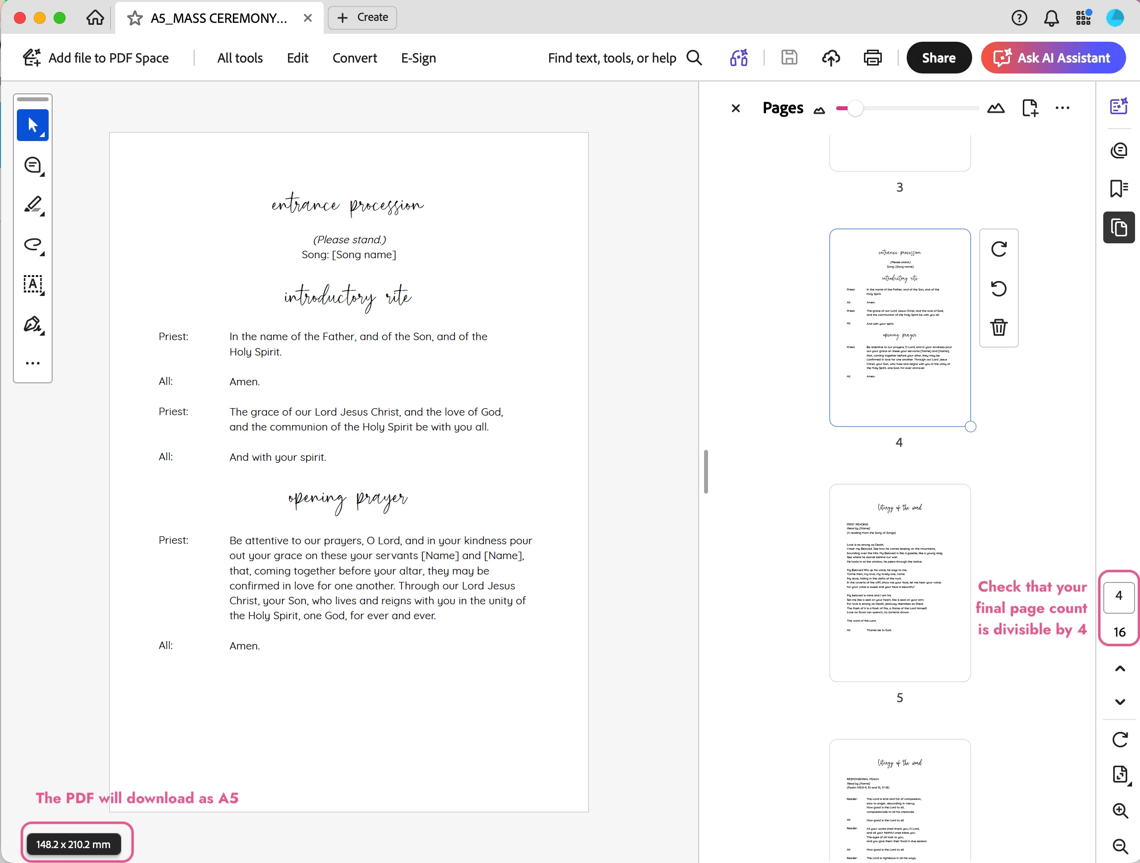 Downloaded Mass booklet PDF open in Adobe Acrobat showing A5 dimensions and 16 page count