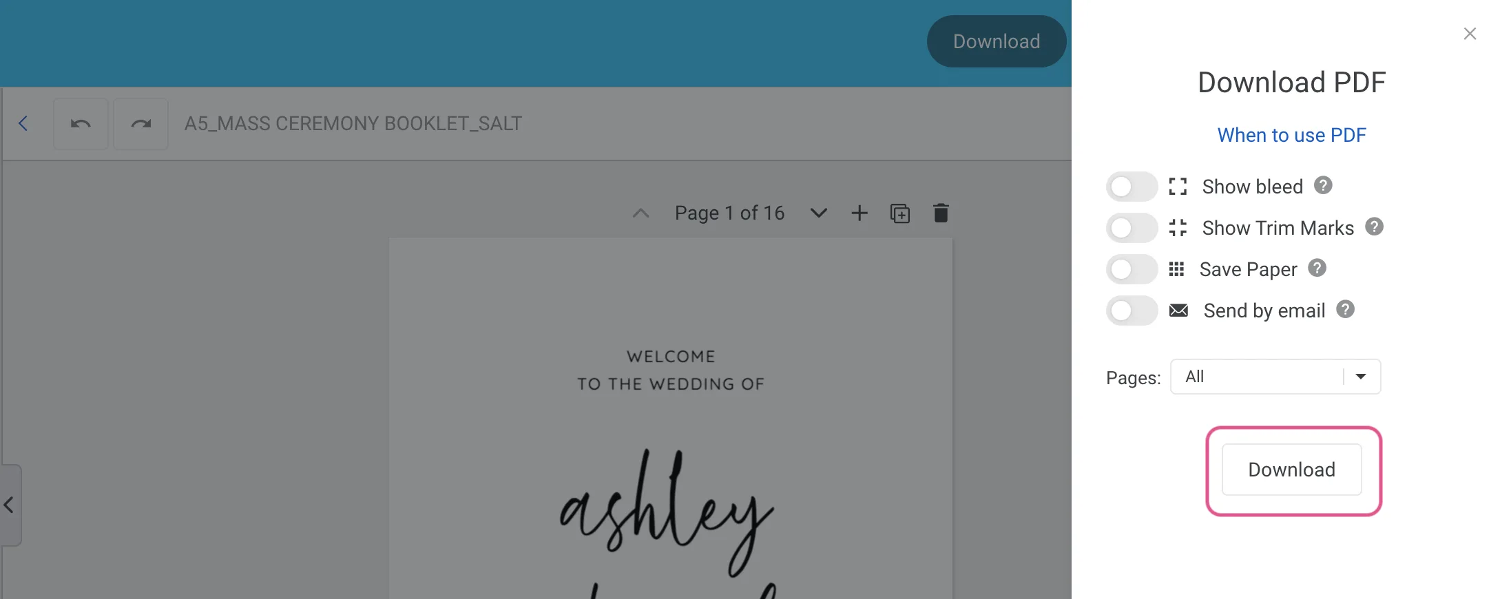 Templett Download PDF panel with all options turned off and All Pages selected