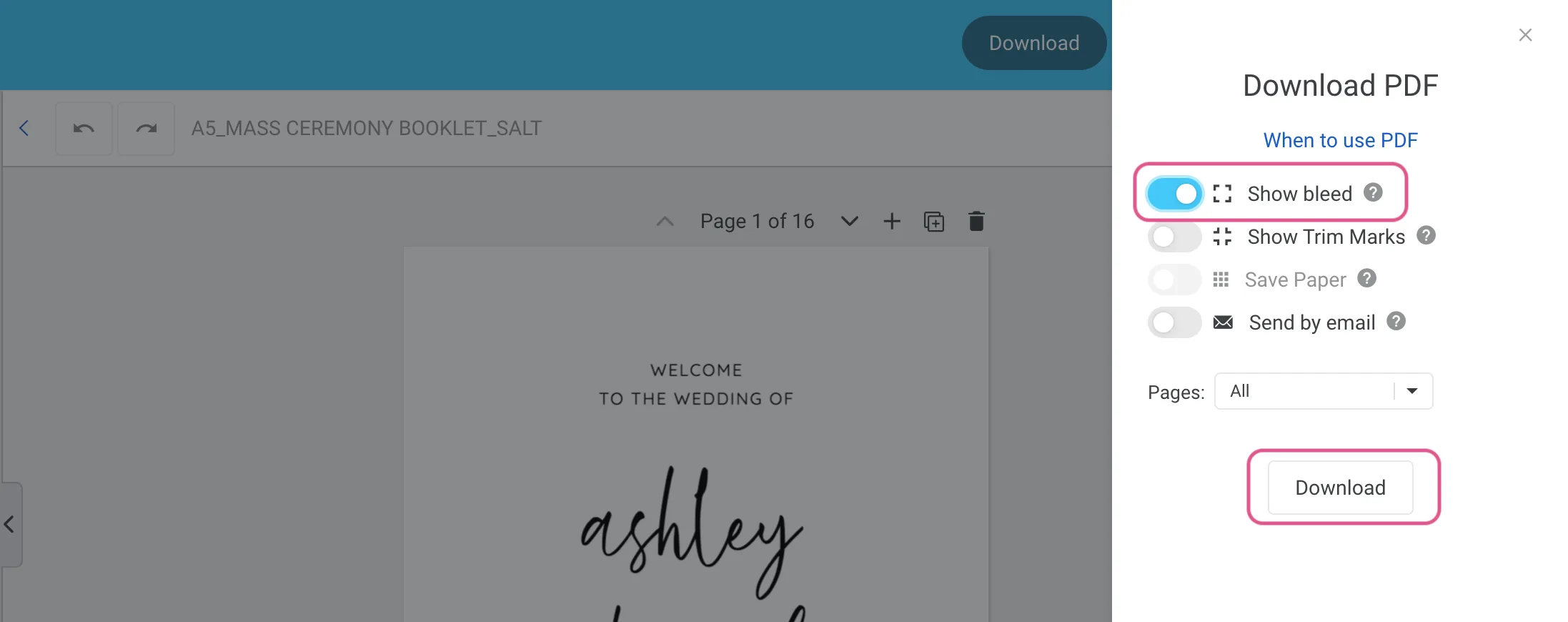 Templett Download PDF panel with Show Bleed option turned on