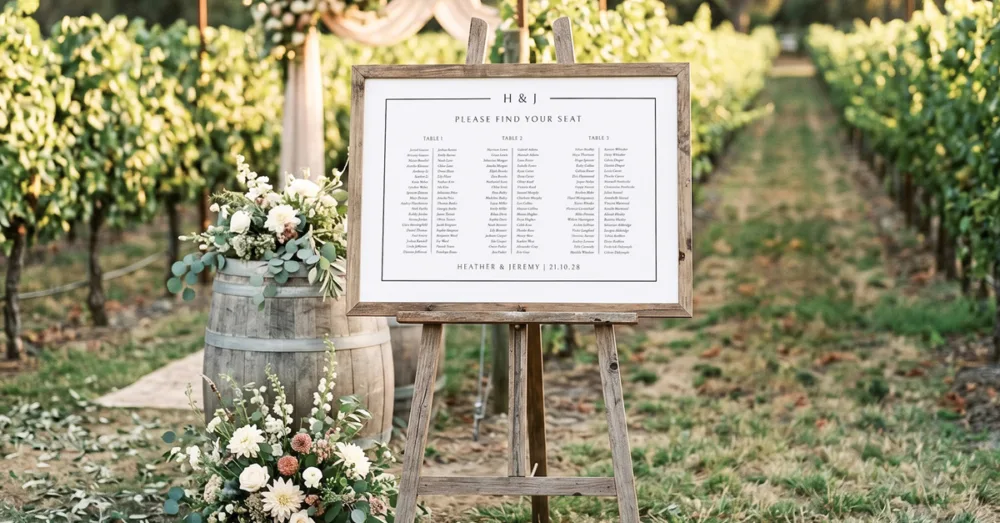 A printed A1 seating chart in a wooden frame for a winery wedding in Australia