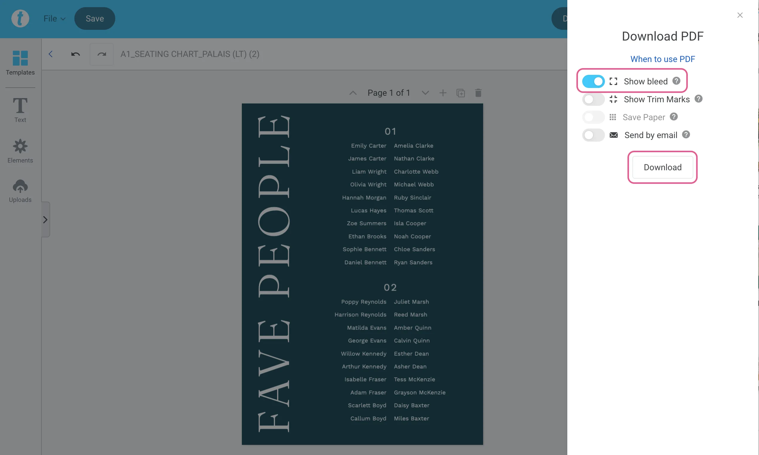 A screenshot showing how to download a seating chart file with bleed in Templett.