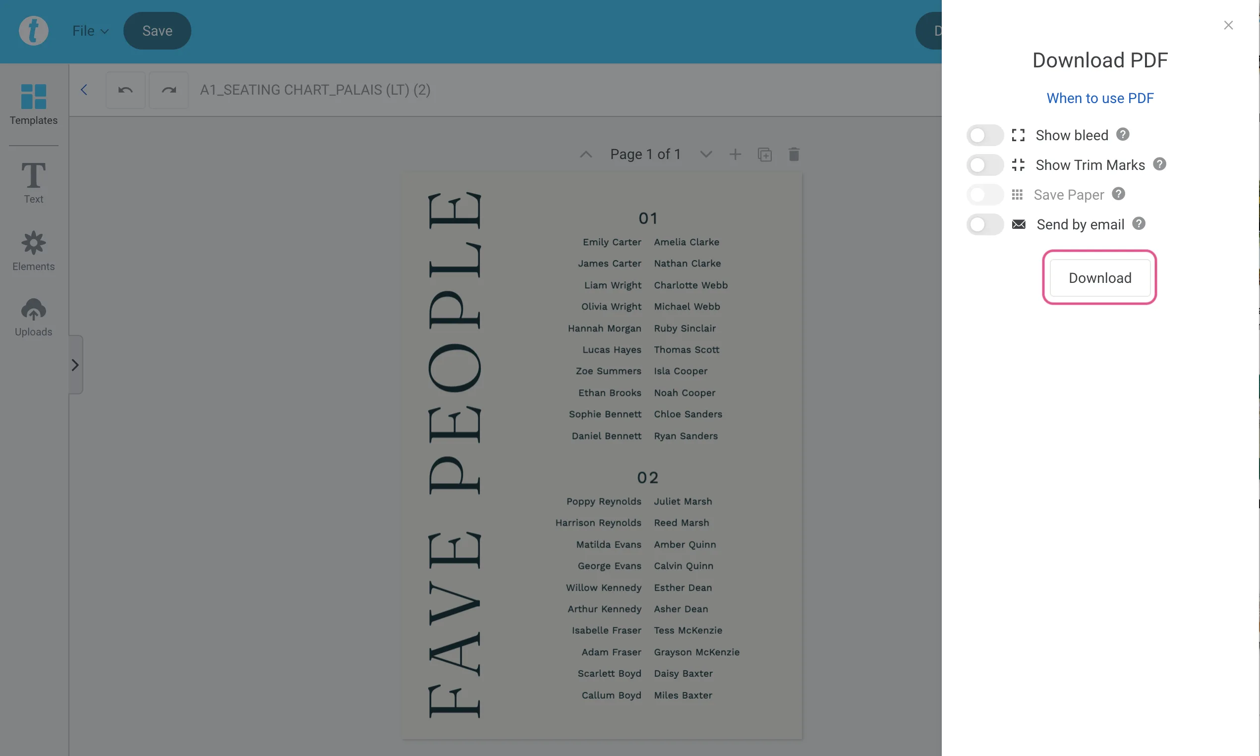 A screenshot showing how to download a seating chart file without bleed in Templett.