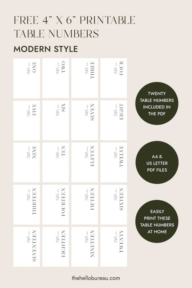 A complete set of free printable wedding table numbers 1 through 20 in a clean, modern serif and script font.