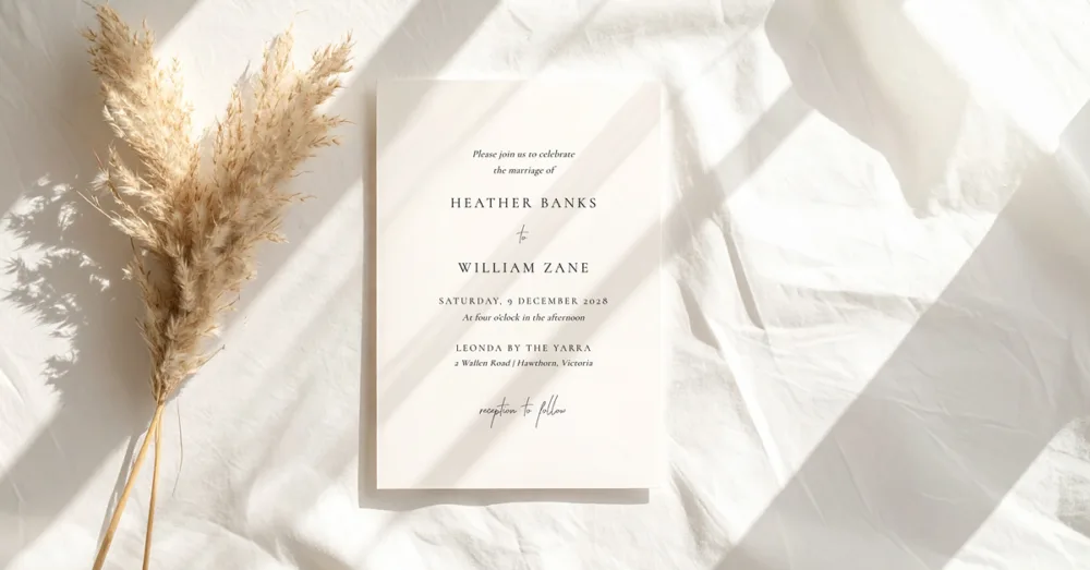 A flatlay of a minimal wedding invitation template from The Hello Bureau