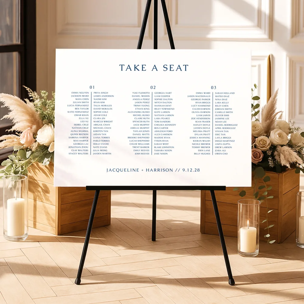 A landscape A1 seating chart with modern blue 3 long tables configuration