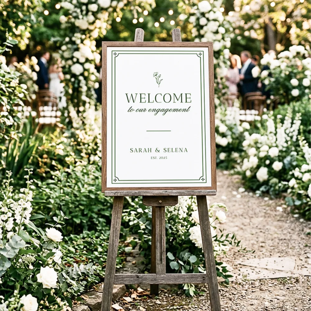 Elegant greenery engagement party welcome sign template from The Hello Bureau displayed in a timber frame on a wooden easel