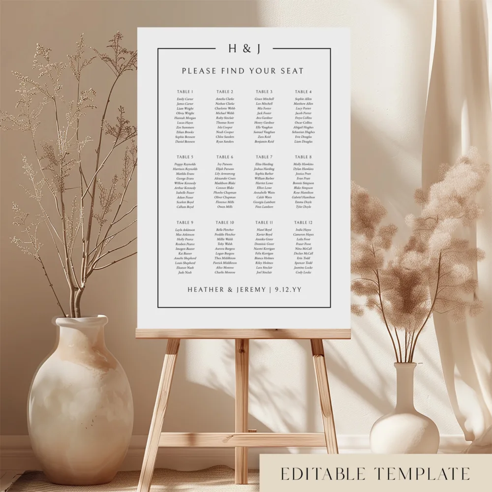 Elegant 12-table wedding seating chart template on an easel with decorative vases and plants.