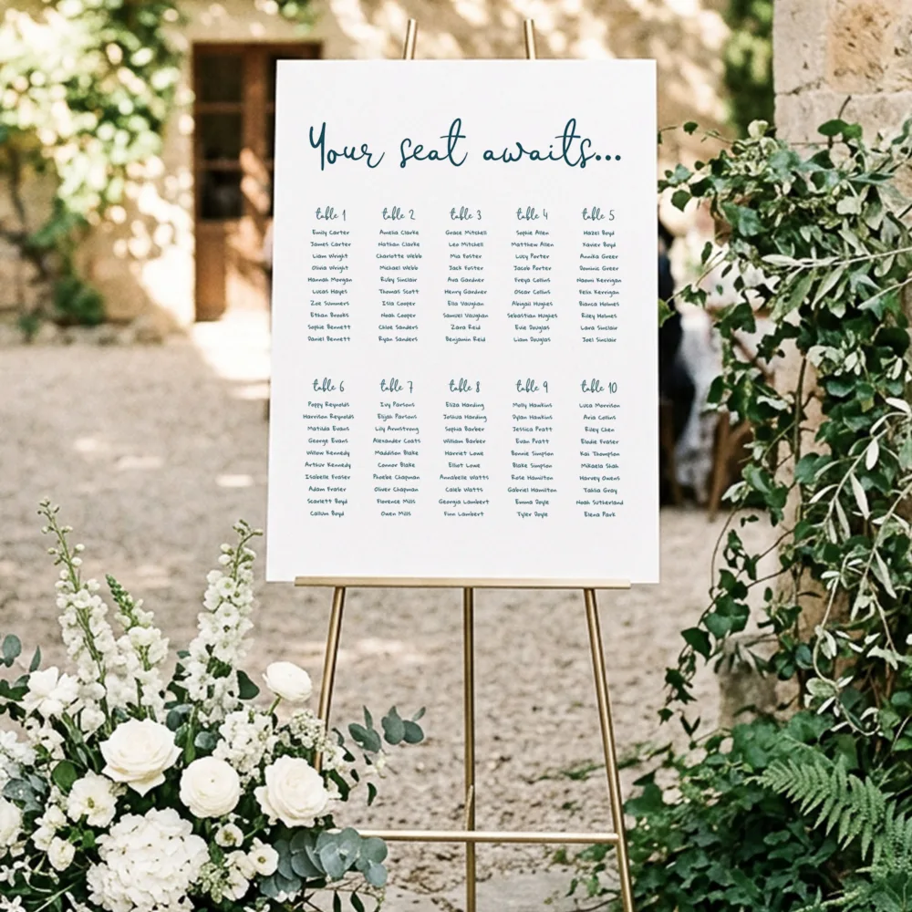 Printable blue whimsical handwriting-style wedding seating chart template displayed on a gold easel at an outdoor garden wedding venue.