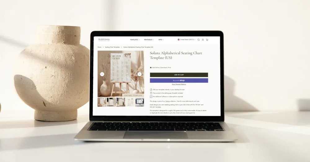 A laptop on a white surface with the screen showing a US sized editable template from The Hello Bureau.
