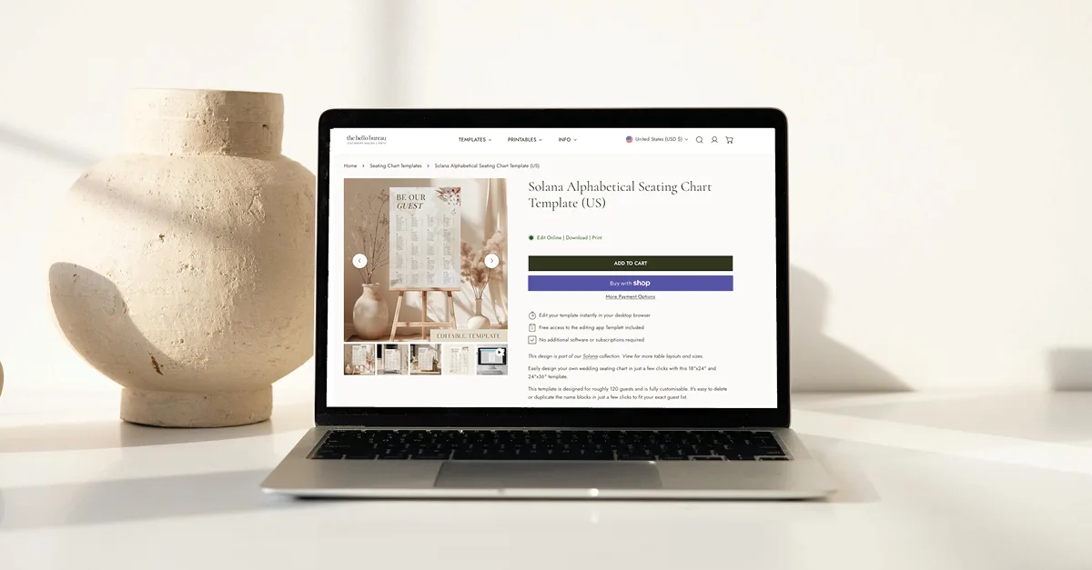A laptop on a white surface with the screen showing a US sized editable template from The Hello Bureau.