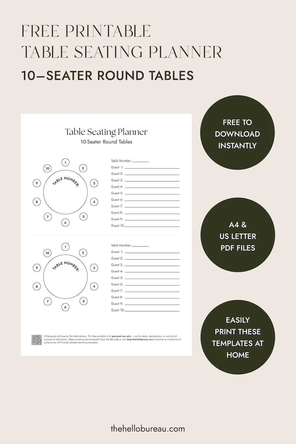 Free printable table seating planner for 10-seater round tables, PDF download in A4 and US Letter
