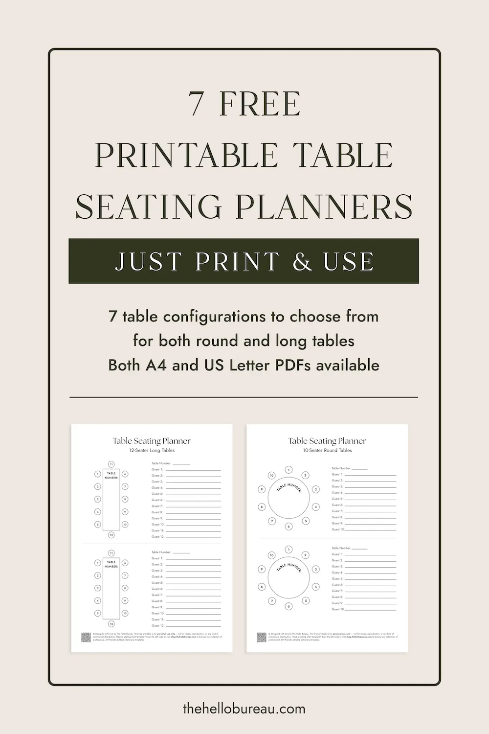 7 free printable table seating planners for round and long tables, available as PDF in A4 and US Letter