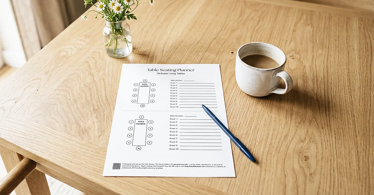 A pen resting on a free printable table seating planner sheet from The Hello Bureau