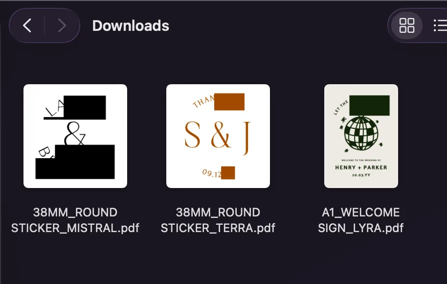 Three Templett PDF files in a Downloads folder with blocks of colour over text