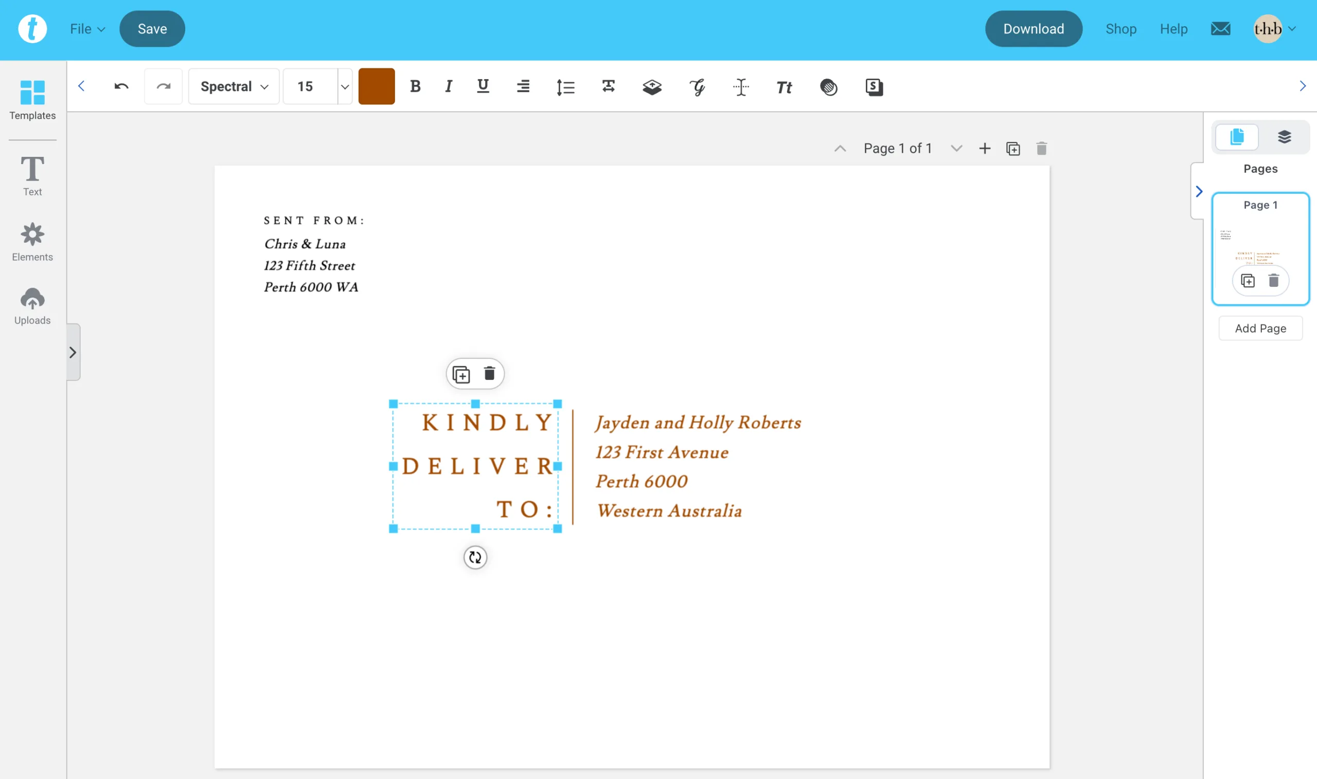 Templett editor showing page 1 of an envelope address template. The front of the envelope displays a "Sent From" address in the top left and a "Kindly Deliver To" label with guest name and address in the centre.