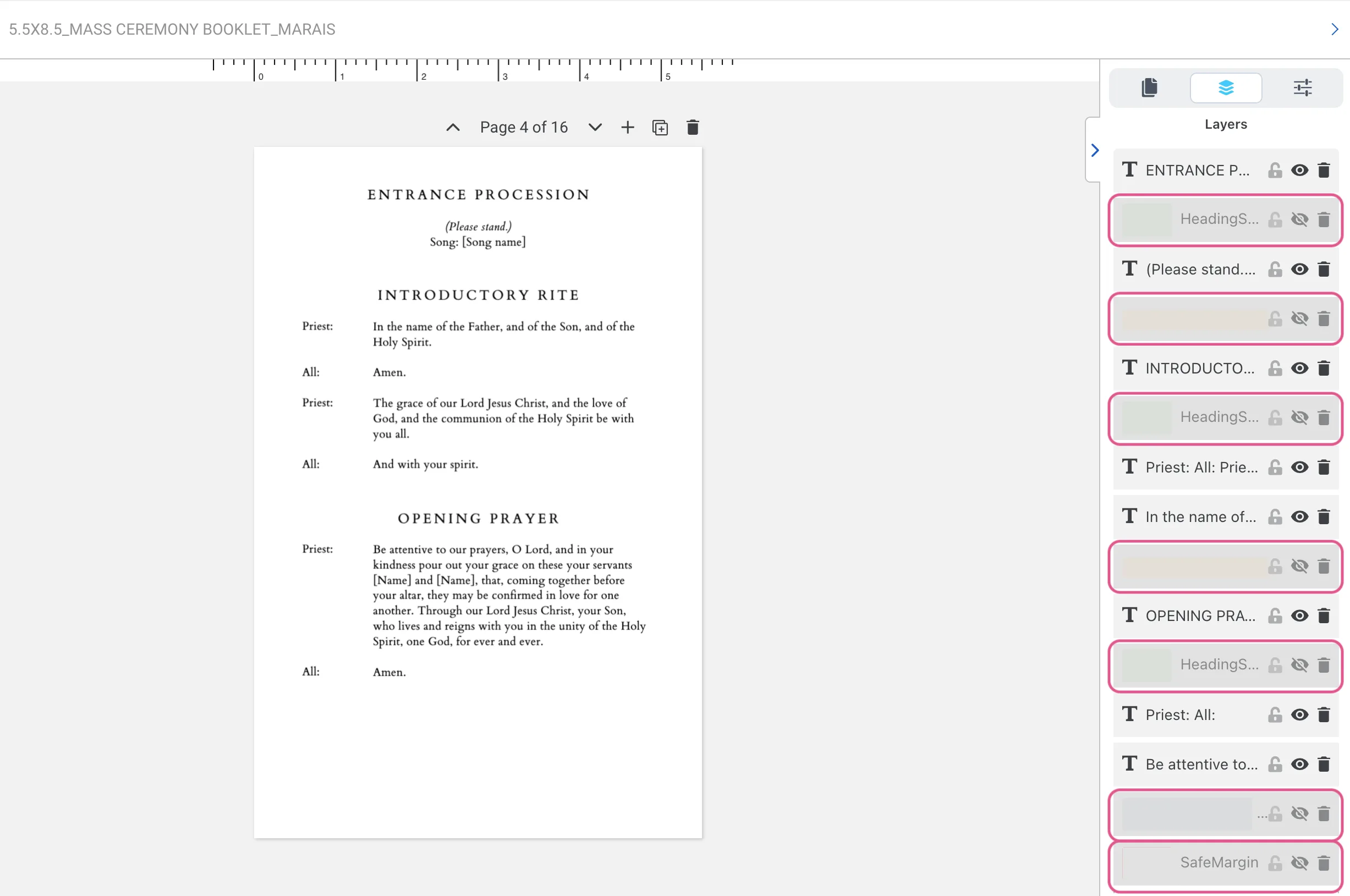 Templett layers panel showing hidden guide layers in a Catholic wedding mass booklet template
