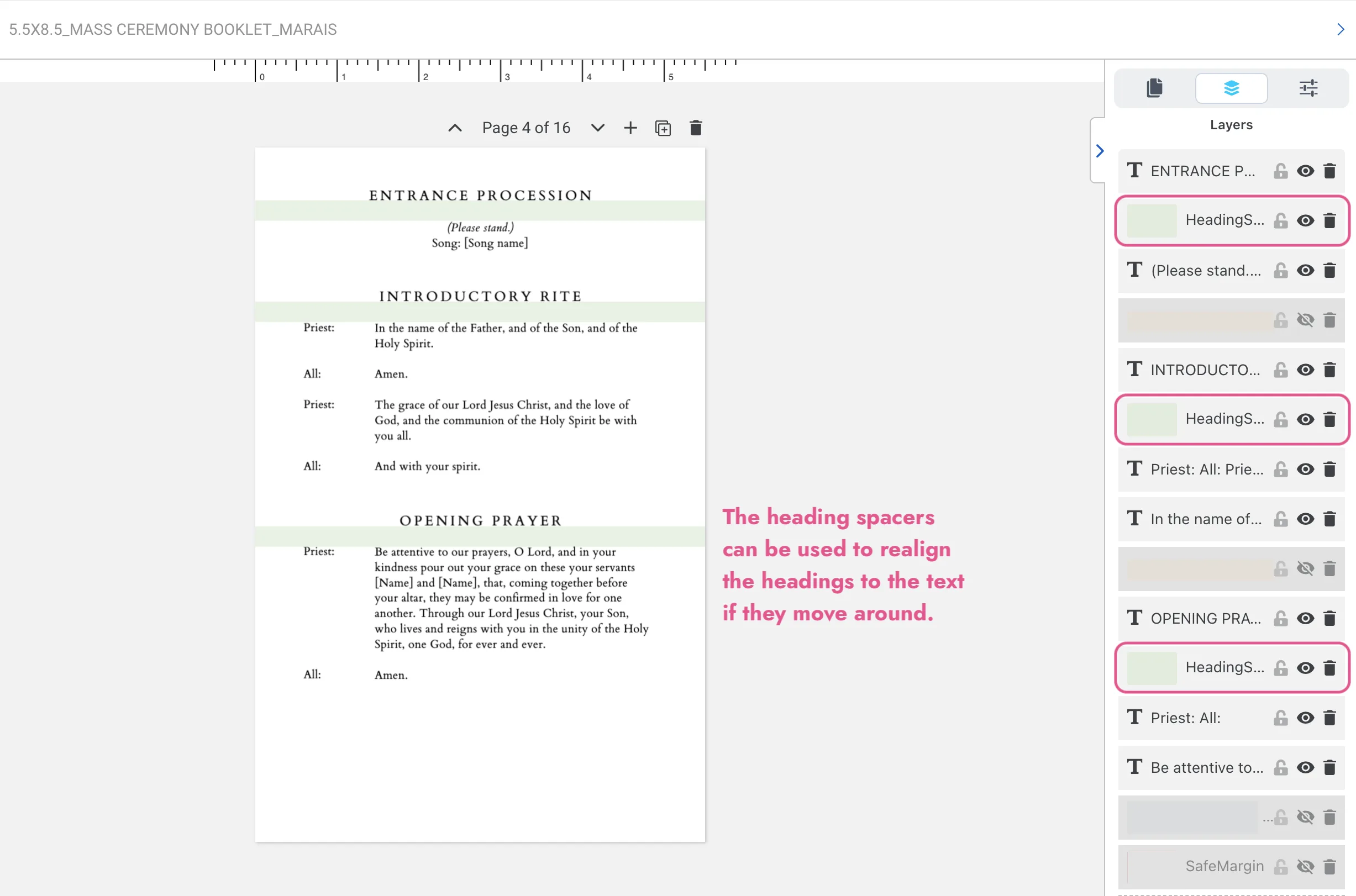 Green heading spacer guides visible in Templett for a Catholic wedding mass booklet template