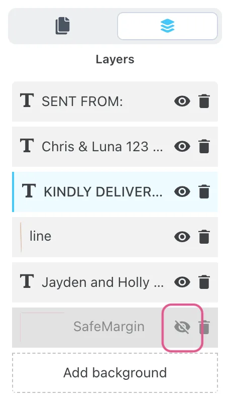 Templett Layers panel showing text layers for the envelope template. The SafeMargin layer is highlighted with a crossed-out eye icon, indicating it is currently hidden.