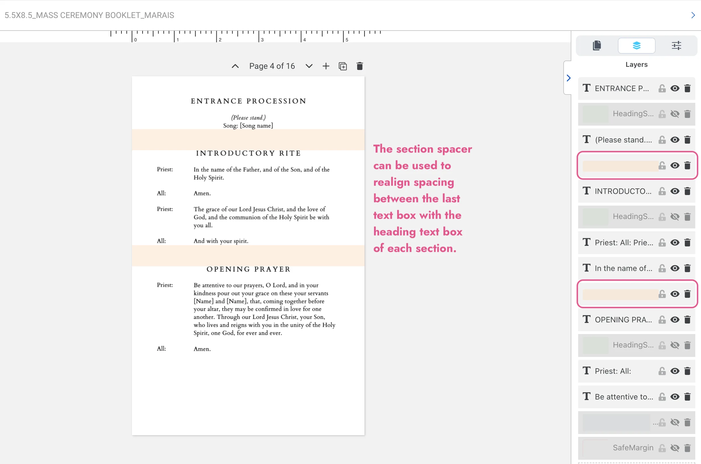 Orange section spacer guides visible in Templett for a Catholic wedding mass booklet template