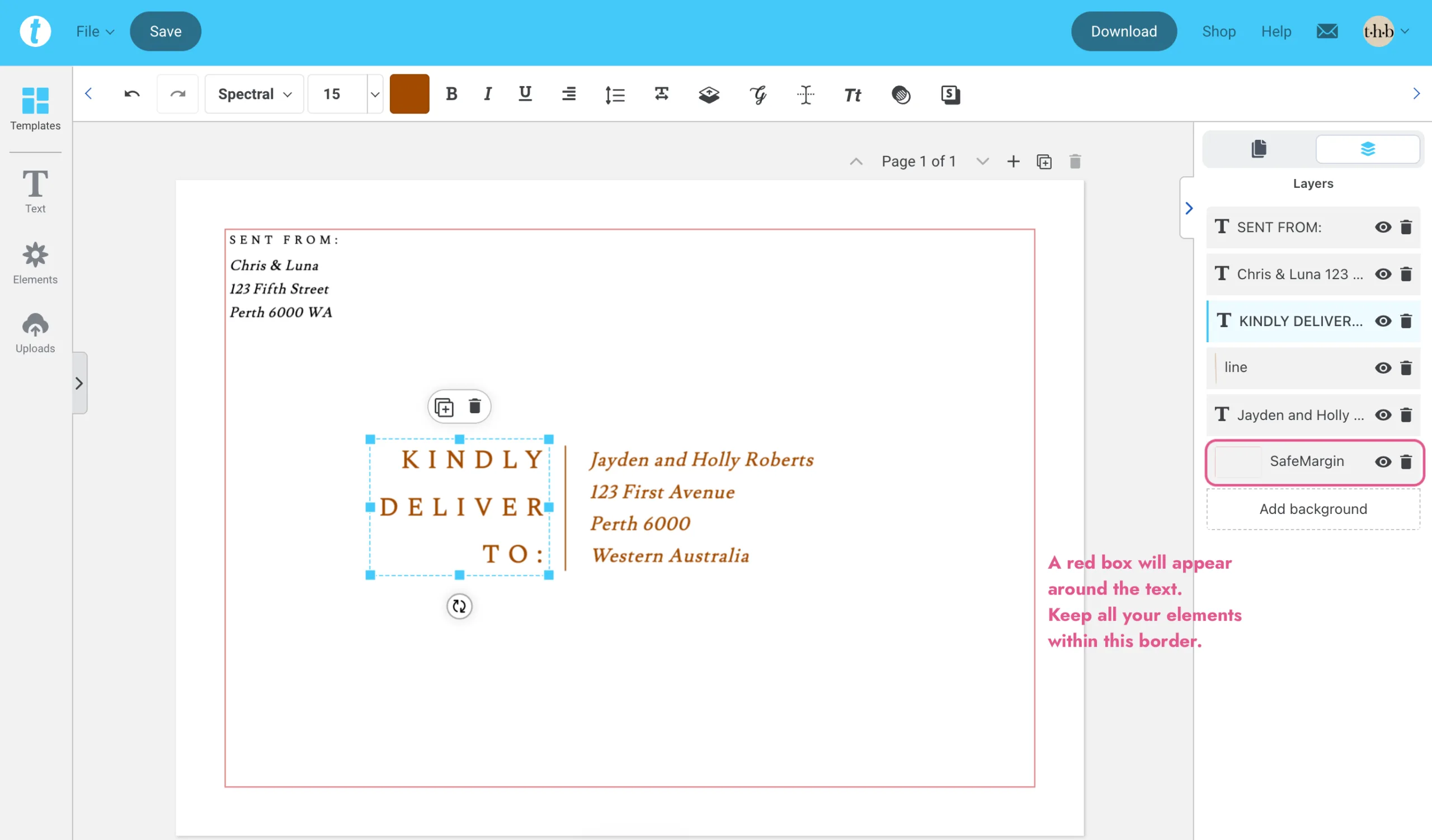 Templett editor showing the envelope front with the SafeMargin guide visible as a red border.