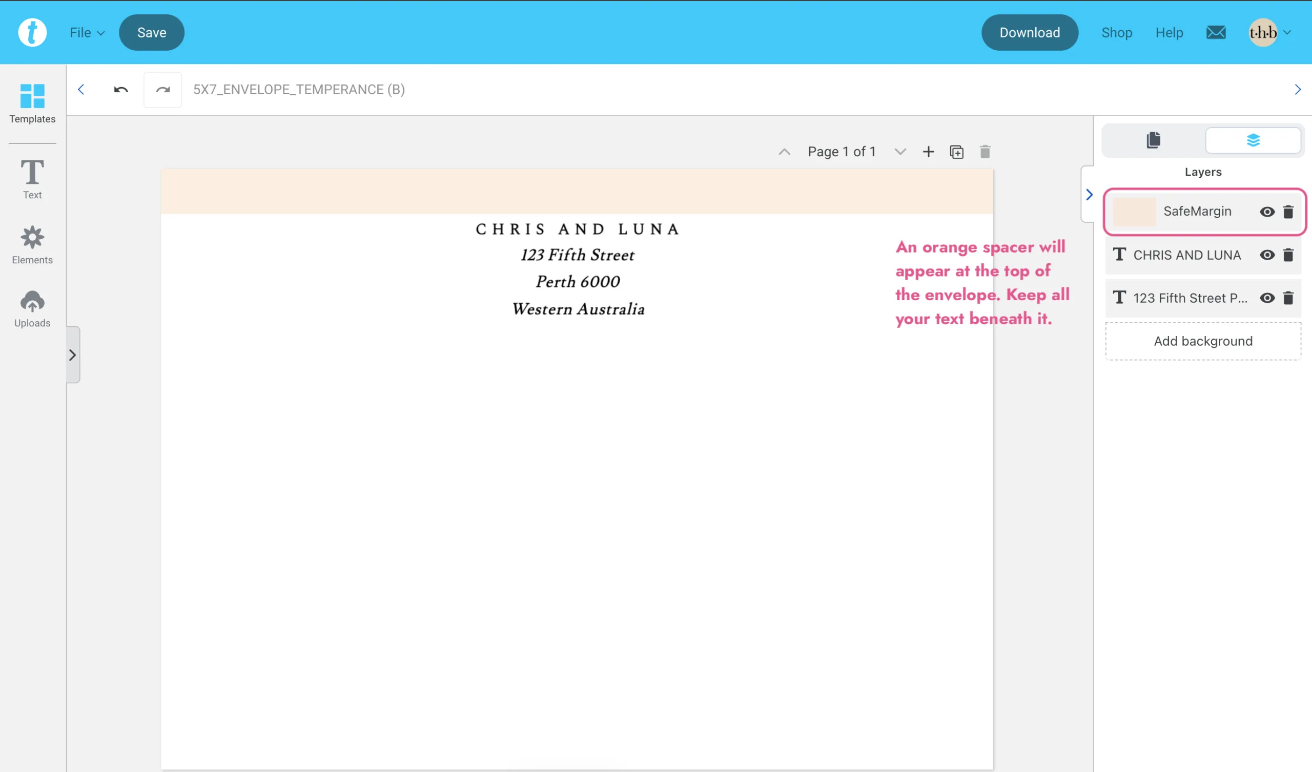 Templett editor showing the envelope back with the SafeMargin guide visible as an orange bar at the top.