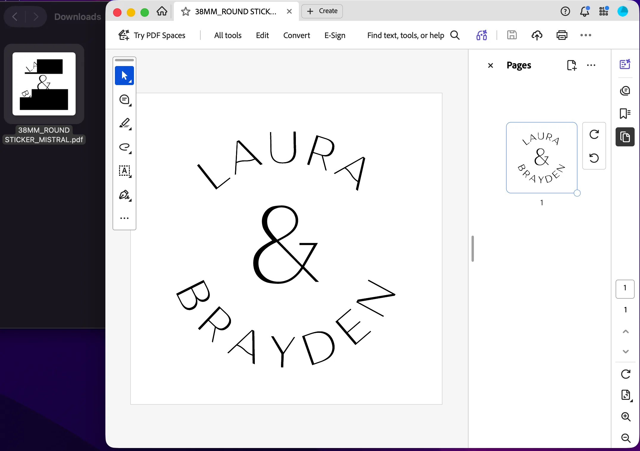 Side by side comparison of the Mistral sticker PDF — the downloads folder thumbnail showing black blocks over the arched text on the left, and the same file opened correctly in Adobe Acrobat on the right.