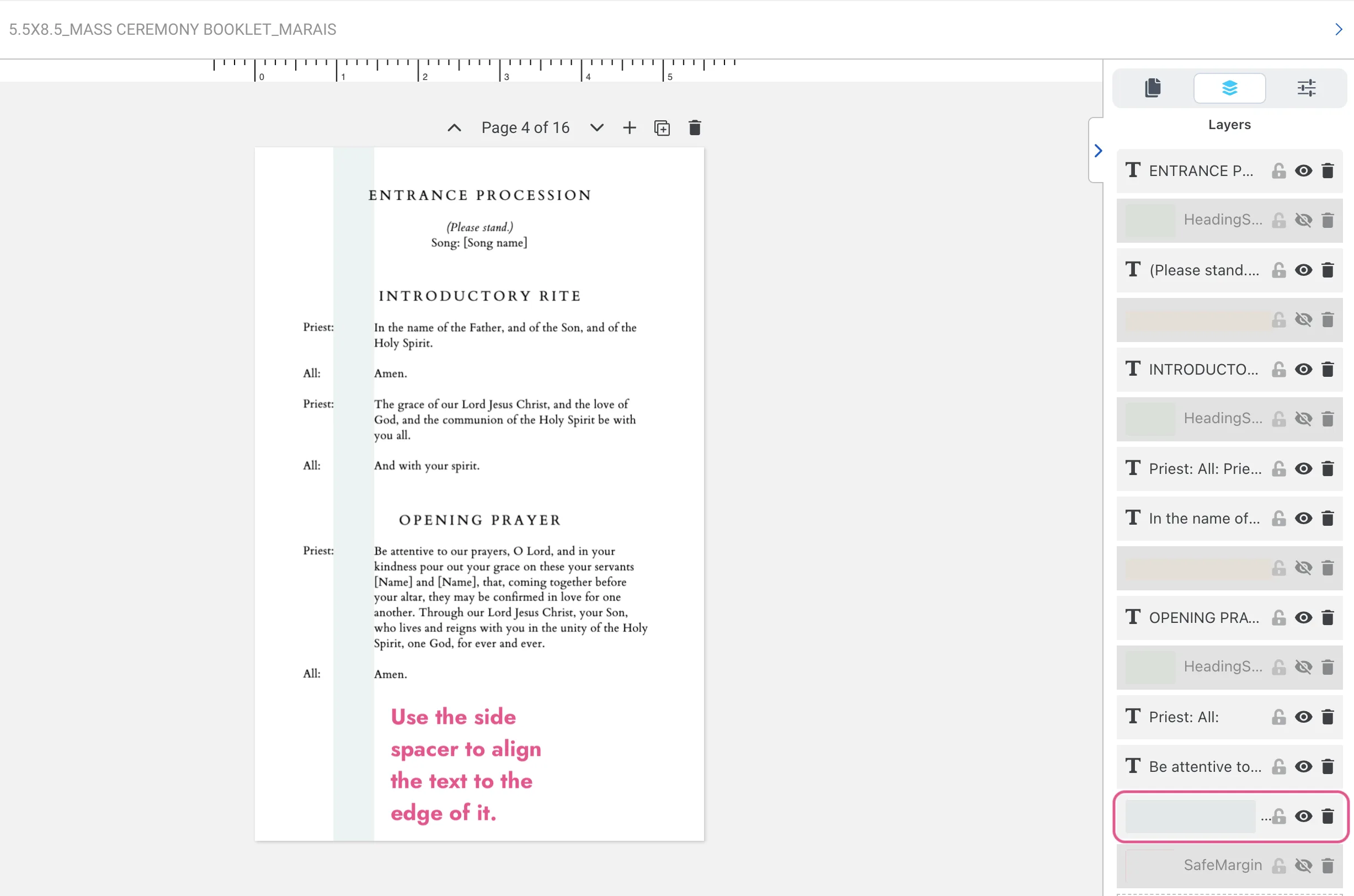 Blue side spacer guide visible in Templett for aligning dialogue text in a Catholic wedding mass booklet template