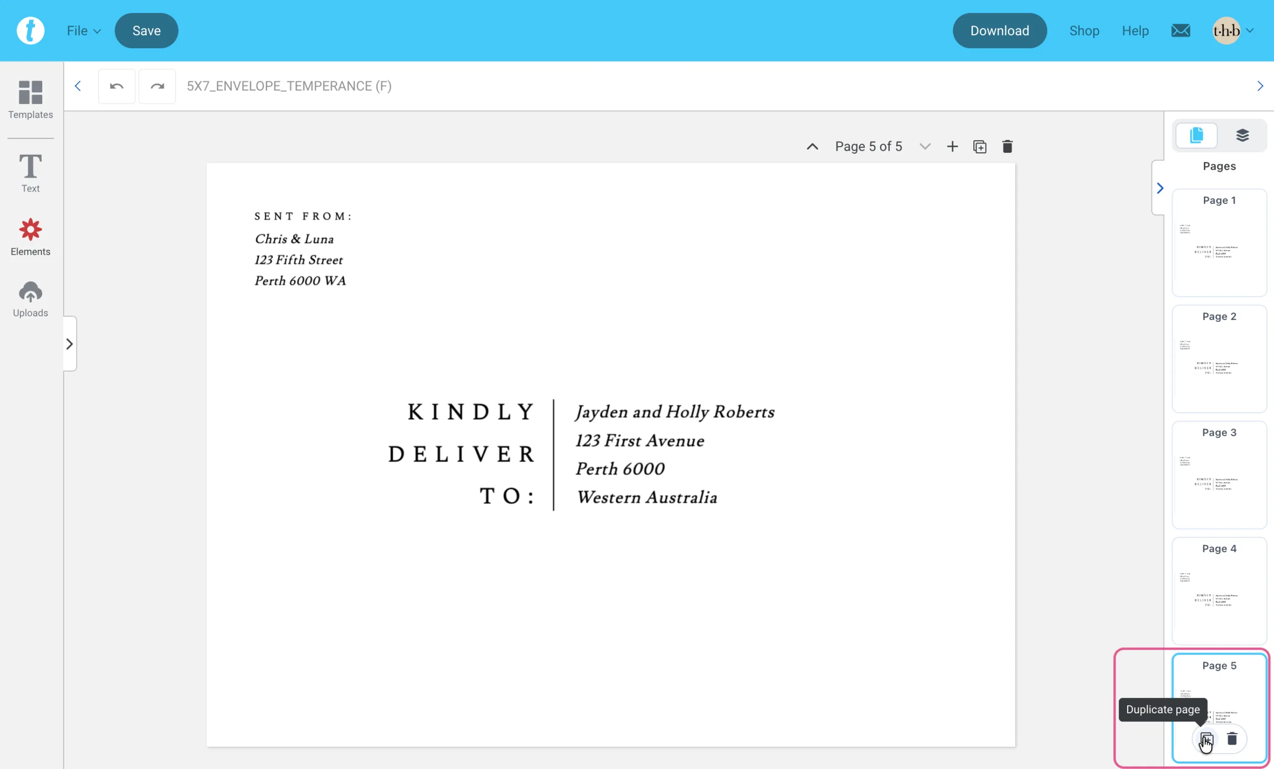 Templett editor showing five duplicated envelope pages in the Pages panel. The Duplicate Page button is highlighted on the last page thumbnail.