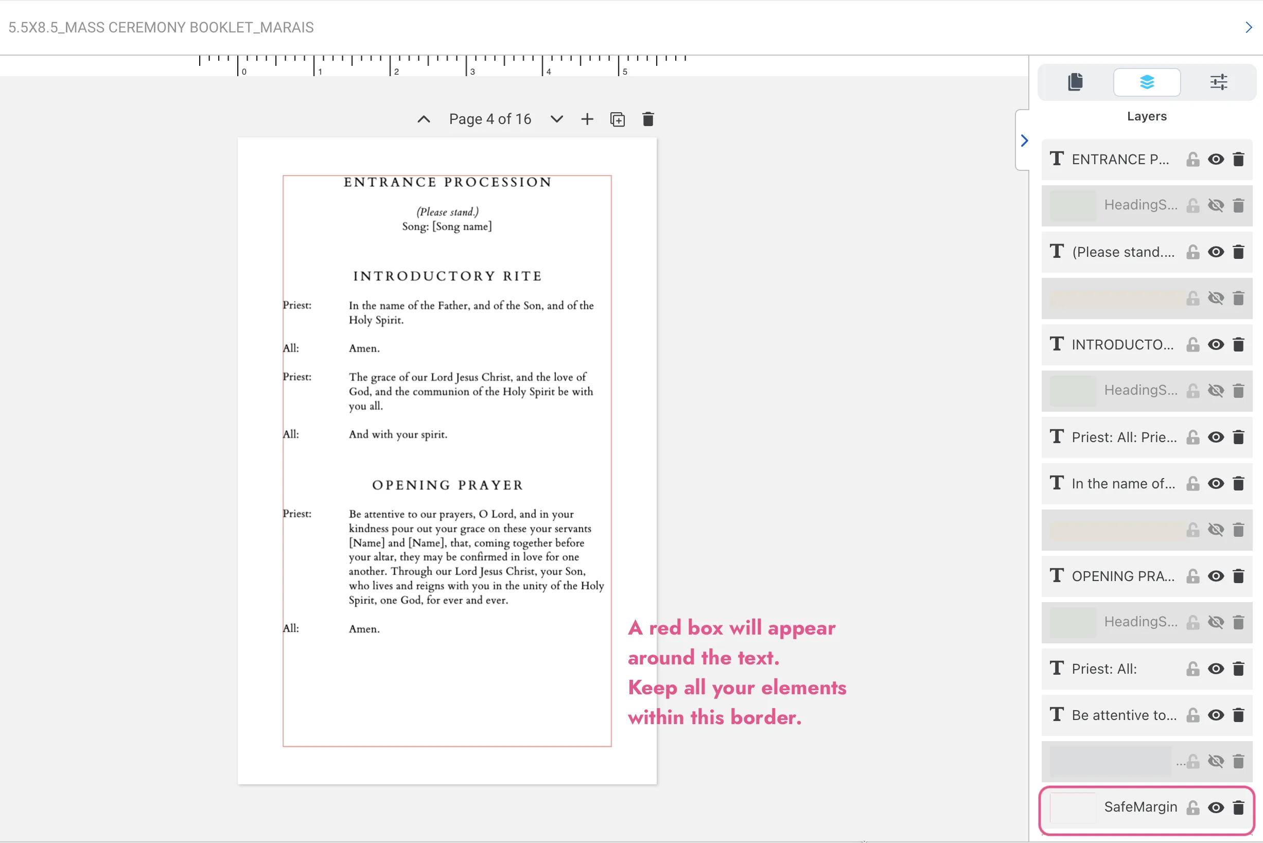 Safe margin guide visible as a red border in Templett for a Catholic wedding mass booklet template