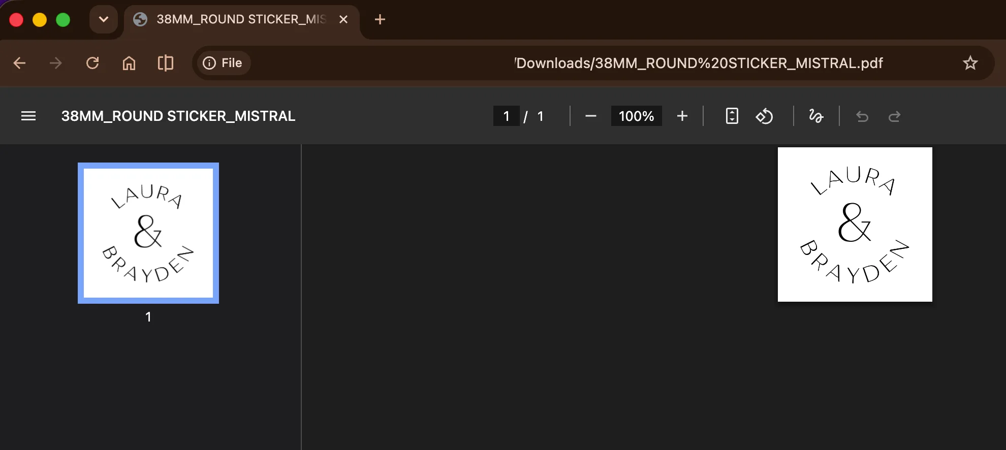 The Mistral round sticker PDF opened in Chrome, showing the arched text displaying correctly with no black blocks