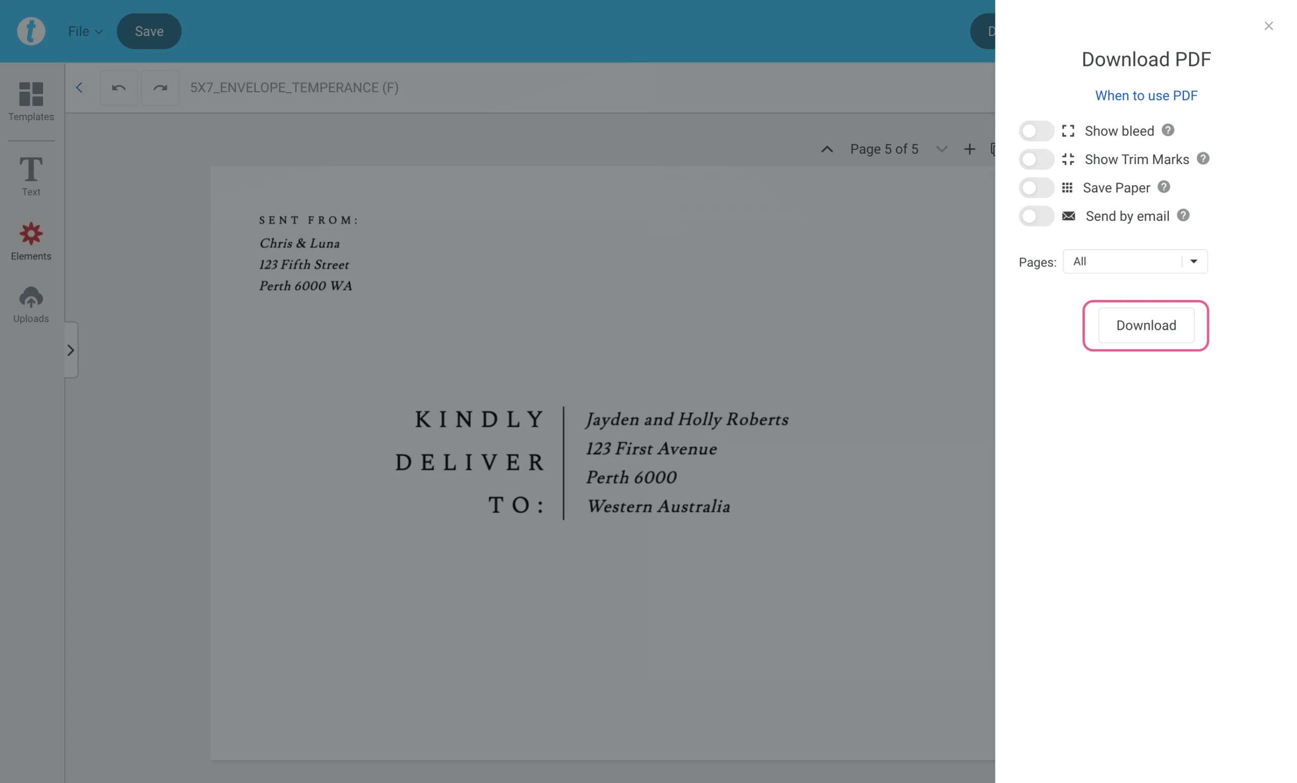 Templett Download PDF panel with all toggle options turned off and Pages set to All.