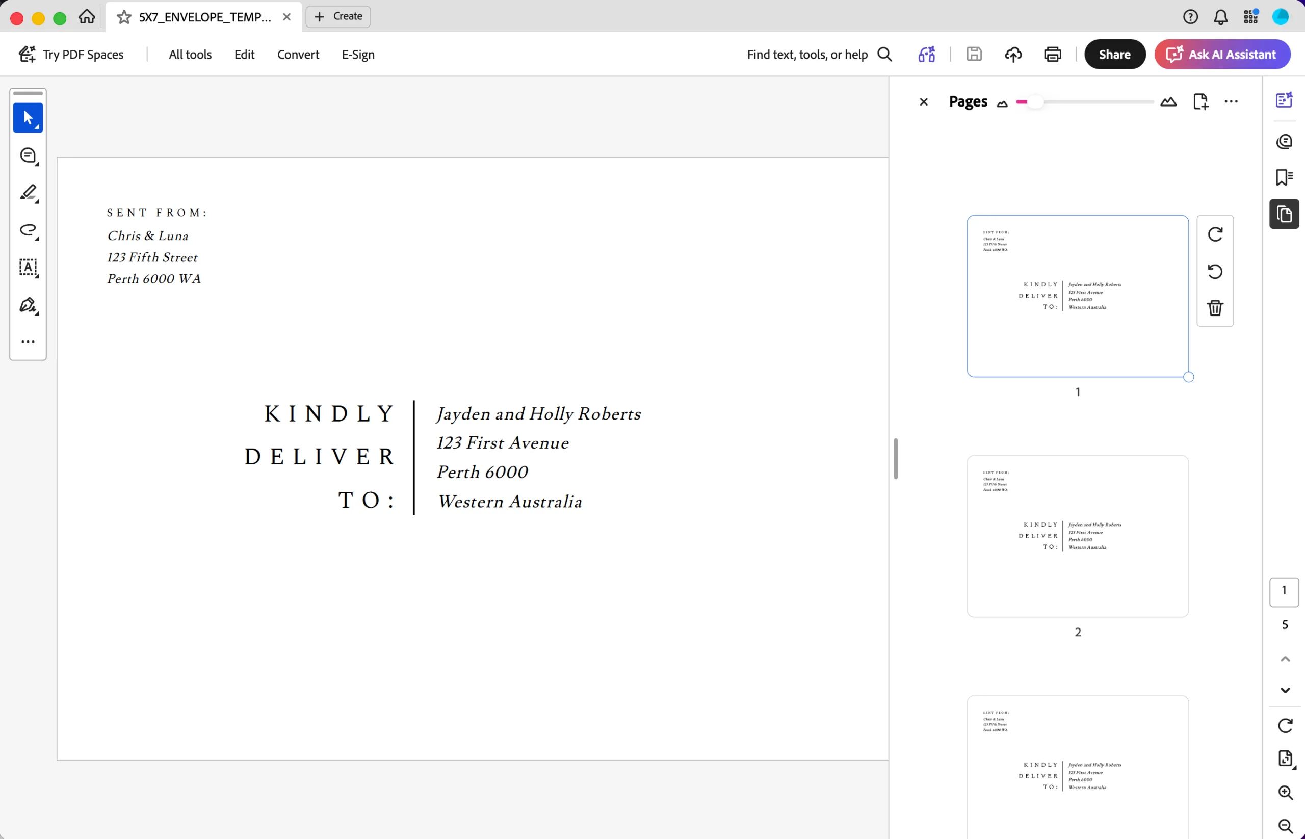 A completed multi-page PDF open in a PDF viewer showing three envelope address pages in the Pages panel, each with identical layout and placeholder guest details.