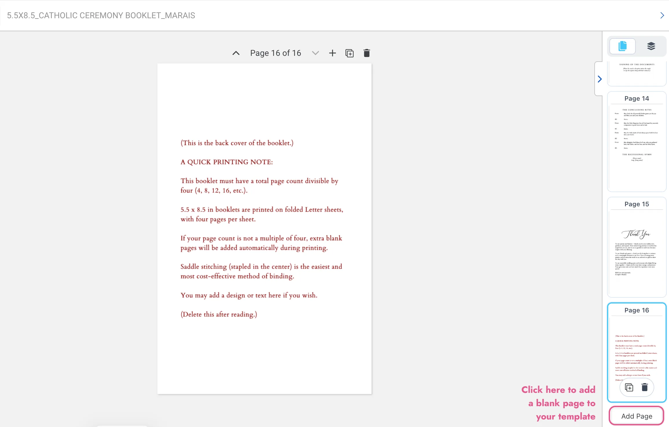 Screenshot of Templett showing the Add Page button at the bottom of the page thumbnail panel, with an annotation pointing to it.
