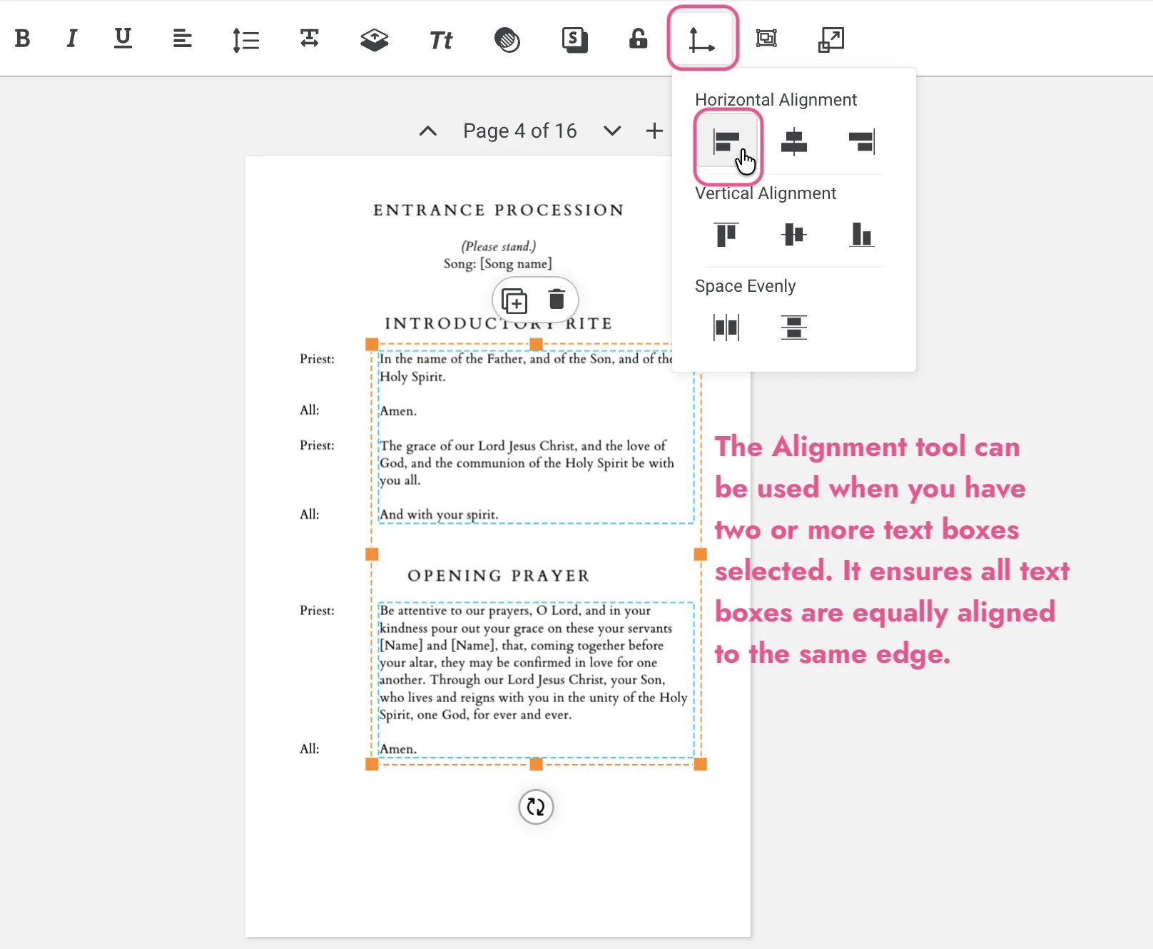 Templett alignment tool open showing horizontal alignment options for editing a Catholic wedding mass booklet template