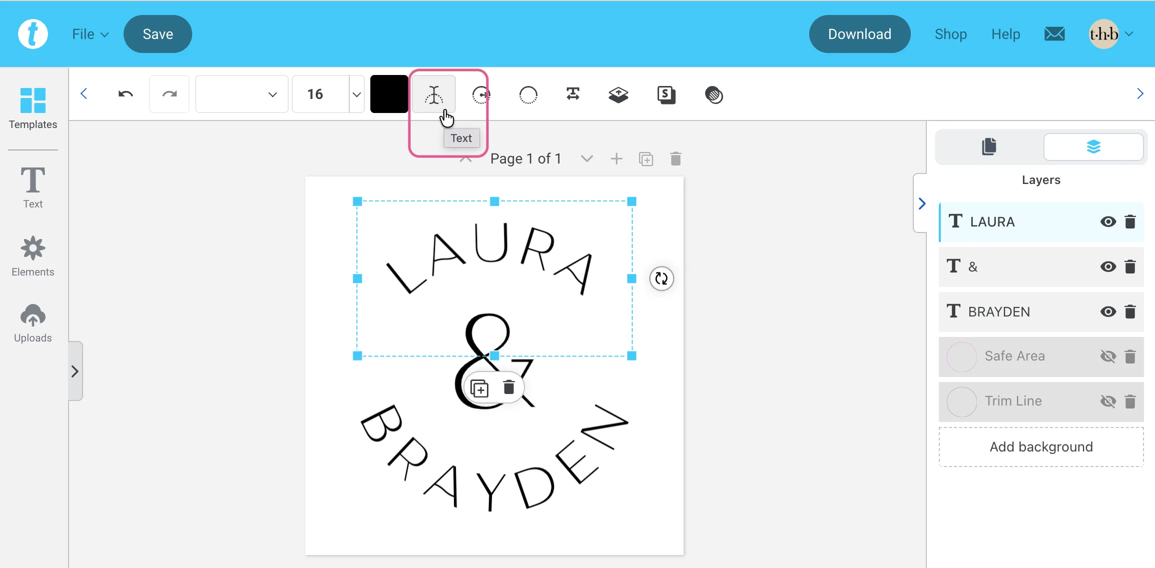 Templett editor showing the Mistral round sticker with the Arched Text tool highlighted in the toolbar