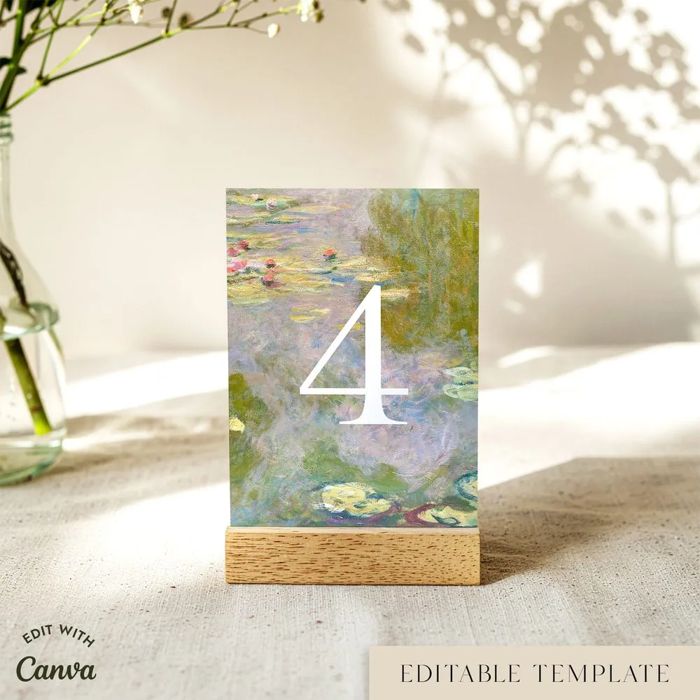 Monet water lilies table number in a wooden block on a table