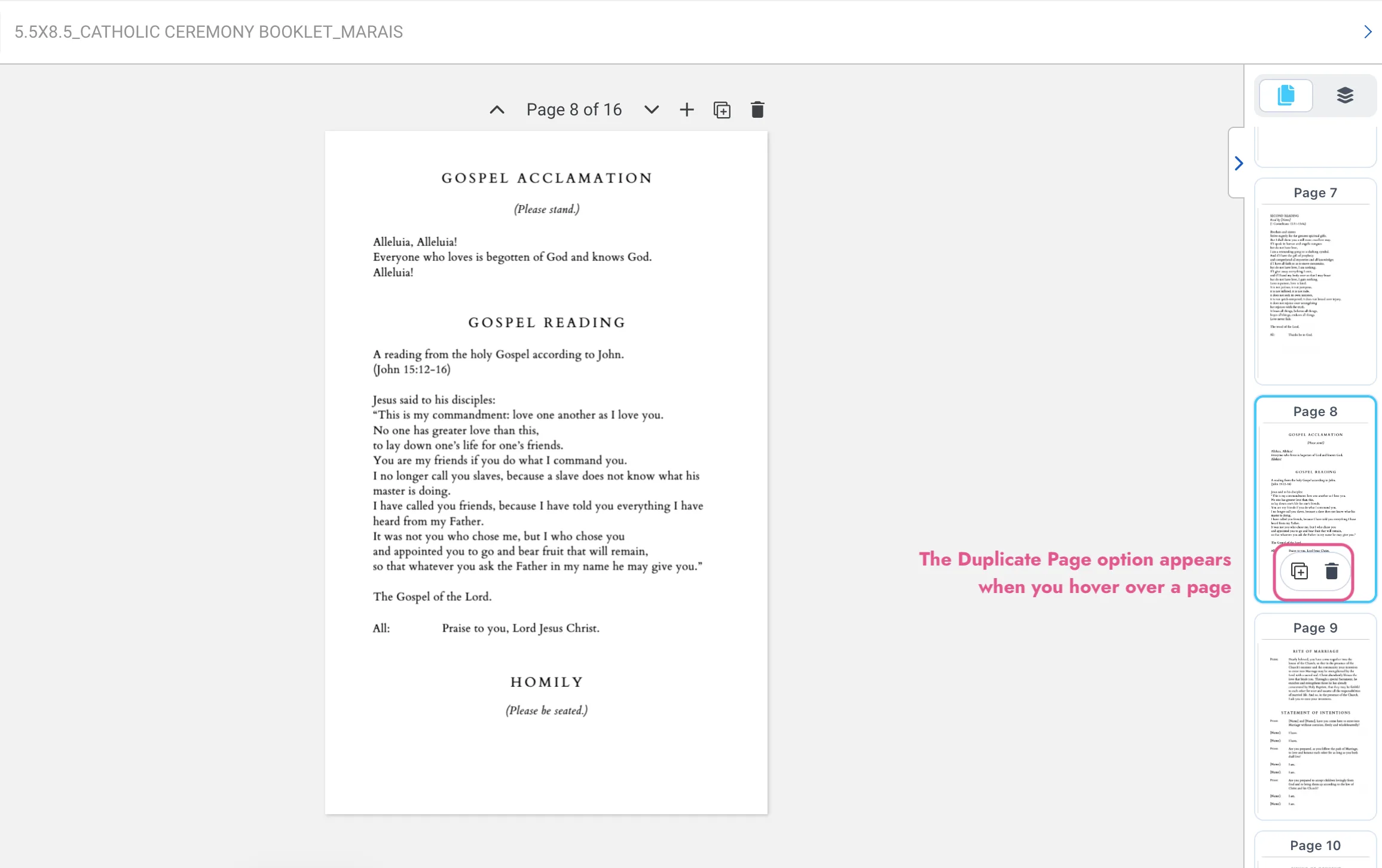 Screenshot of Templett showing the Duplicate Page icon that appears when hovering over a page thumbnail, with an annotation highlighting the option.