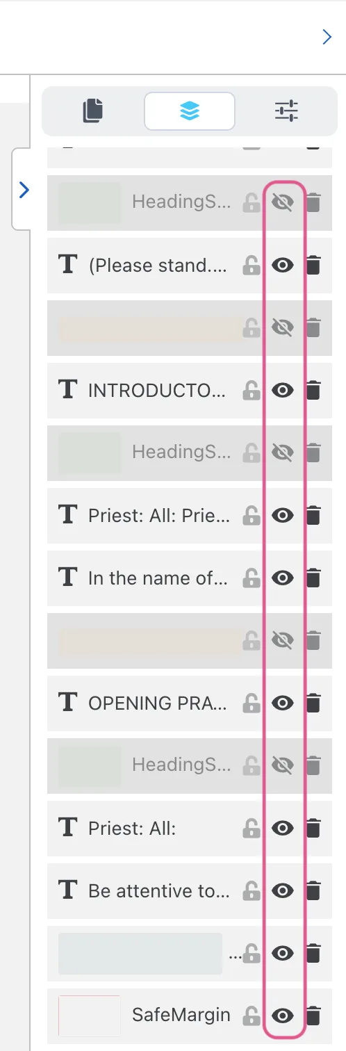Templett layers panel with eye icons highlighted for showing and hiding guides in a Catholic wedding mass booklet template